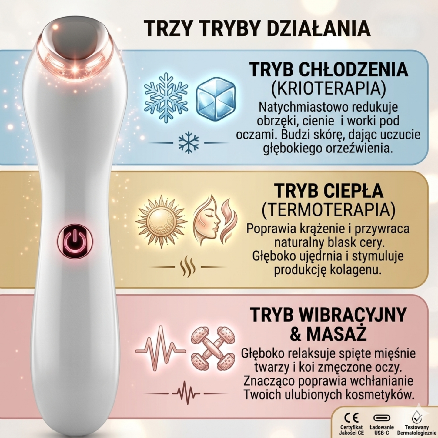 Zaawansowana terapia okolic oczu 3w1 - NovaGlow | Krioterapia + Termoterapia +  Wibracje EMS
